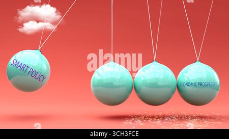 La politica intelligente produce prosperità economica. Una metafora della culla di Newton in cui la politica intelligente dà slancio alla prosperità economica. Causa ed effetto rela Foto Stock
