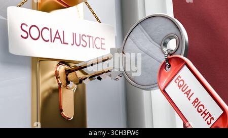La parità dei diritti porta alla giustizia sociale - è una chiave per sbloccare la giustizia sociale. Una metafora della chiave della porta Foto Stock