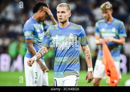 Madrid, Spagna, Spagna. 30 agosto 2025. Franco MASTANTUONO del Real Madrid durante la partita di LaLiga tra il Real Madrid CF e l'RCD Mallorca allo stadio Santiago Bernabeu il 30 agosto 2025 a Madrid, Spagna. (Credit Image: © Matthieu Mirville/ZUMA Press Wire) SOLO PER USO EDITORIALE! Non per USO commerciale! Foto Stock