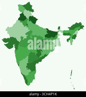Mappa dell'India con gli stati. Solo una semplice mappa di confine con la divisione dello stato. Tavolozza dei colori verde. Semplice forma indiana con divisione amministrativa. Illustrazione Vettoriale