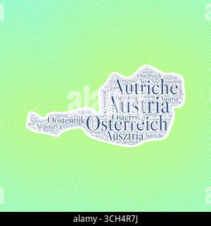 Forma austriaca formata dal nome del paese in più lingue. Confine con l'Austria su elegante sfondo sfumato a righe. Poster vibrante. Illustrazione Vettoriale
