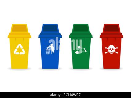 Set di contenitori riciclabili. Scomparti spazzatura in 4 colori diversi. Contenitori dei cestini. Illustrazione vettoriale isolata su sfondo bianco Illustrazione Vettoriale