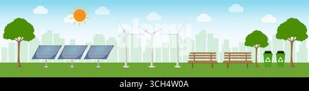 Green Eco City. Concetto di ambiente ed ecologia. Concetto di energia verde. Ecocompatibile. Energia pulita alternativa. Illustrazione Vettoriale