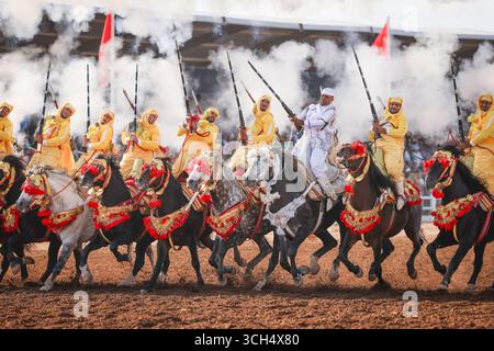 Una storia di coraggio, unità e eredità catturata in un unico fotogramma.Riders in colorati costumi marocchini al galoppo su cavalli arabi in uno spettacolo Fantasia Foto Stock