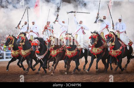Una storia di coraggio, unità e eredità catturata in un unico fotogramma.Riders in colorati costumi marocchini al galoppo su cavalli arabi in uno spettacolo Fantasia Foto Stock