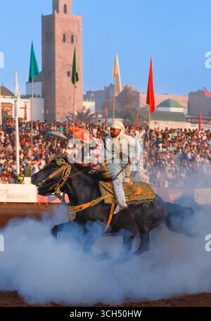 Una storia di coraggio, unità e eredità catturata in un unico fotogramma.Riders in colorati costumi marocchini al galoppo su cavalli arabi in uno spettacolo Fantasia Foto Stock