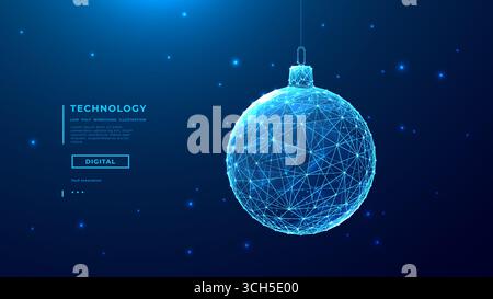 Palla decorativa dell'albero di Natale. Tecnologia su sfondo blu. Illustrazione Vettoriale