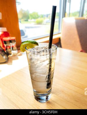 Un alto gin tonico con un cuneo di lime e una paglia scura siede su un tavolo di legno, illuminato dalla luce del sole. Foto Stock