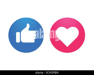 Illustrazione vettoriale minimalista delle icone di reazione dei social media. Simbolo blu con i pollici in alto e simbolo rosa con il cuore d'amore Illustrazione Vettoriale