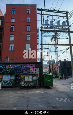 Un vicolo con linee idroelettriche che scorrono e un murale sotto un appartamento al largo di Main Street a Mount Pleasant, Vancouver, British Columbia. Foto Stock
