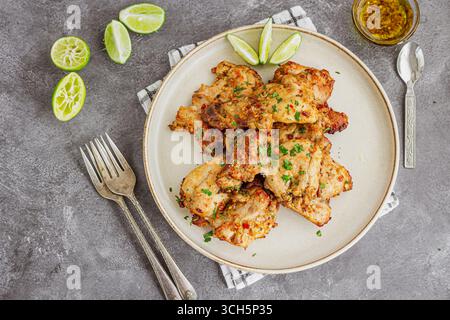 Direttamente sopra le cosce di pollo al forno dorate condite con erbe e limone, cibo casalingo Foto Stock