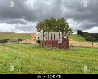 Vecchio vagone ferroviario abbandonato nel paesaggio rurale, legname intemprato e metallo arrugginito sul letto dei binari in disuso, evocando il patrimonio industriale e il decadimento Foto Stock