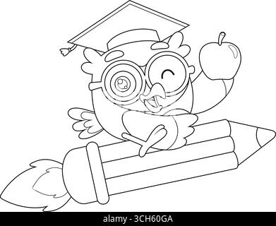 Owl Teacher Cartoon Character Flying on Rocket Pencil holding Apple. Illustrazione disegnata a mano con vettore bianco e nero isolata su sfondo trasparente Illustrazione Vettoriale