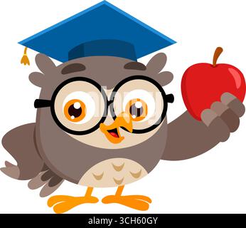 Owl Teacher Cartoon personaggio che spiega la lezione che tiene in mano la Mela Rossa. Illustrazione vettoriale Flat Design isolato su sfondo trasparente Illustrazione Vettoriale