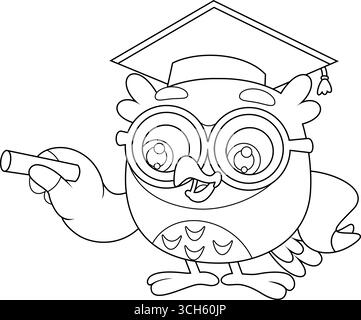 Owl Teacher Cartoon personaggio che spiega la lezione con Chalk. Bianco e nero Illustrazione Vettoriale