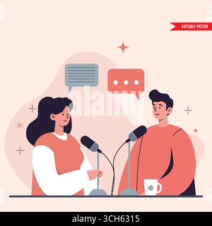 Intervista podcast: Due persone che discutono di un argomento con i microfoni Illustrazione Vettoriale