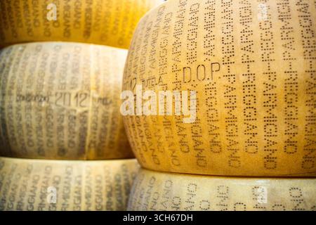 Primo piano di forme di formaggio intere impilate in un mucchio - Parmigiano Reggiano Parmigiano Reggiano autentico DOP (denominazione di origine protetta) Foto Stock