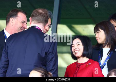 Exeter, Devon, Regno Unito. 31 agosto 2025. La principessa Akiko di Mikasa partecipa alla partita di Coppa del mondo di rugby tra nuova Zelanda e Giappone a Sandy Park, Exeter, Devon, Regno Unito. Crediti: Nidpor/Alamy Live News Foto Stock