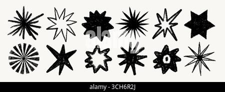 Set di stelle a pastello con disegno a mano in nero, diverse forme a stella in stile gesso. Illustrazione Star Set con pastello testurizzato e doodle Illustrazione Vettoriale