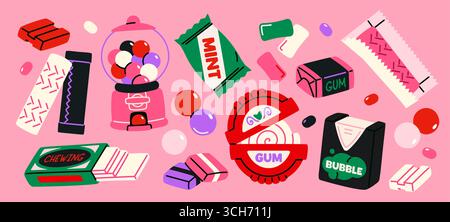 Set di gomme per bolle. Adesivi colorati con palline, cialde, piatti e rotoli di deliziosa gomma da masticare. Confezione di dolci dolci. Caramelle al mentolo. Vettore piatto Illustrazione Vettoriale
