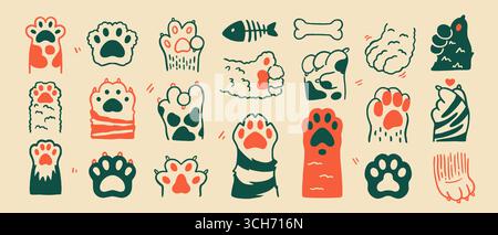 Set di simpatiche zampe di gatto. Icone a forma di scarabocchio con zampe soffici gattini con artigli e punte delle dita. Affascinanti simboli di Clip Art. Animali domestici e animali. Vettore disegnato a mano Illustrazione Vettoriale