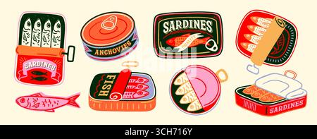 Set di sardine in scatola. Adesivi vintage retrò con pacchetti di pesce fresco, spratti e frutti di mare. Grafica originale per stampa t-shirt, poster e copertine. Piatto Illustrazione Vettoriale