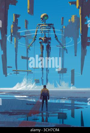 Un uomo si trova davanti a un colossale scheletro di robot galleggiante circondato da strutture altalenanti e cieli blu, arte digitale, pittura illustrativa Foto Stock
