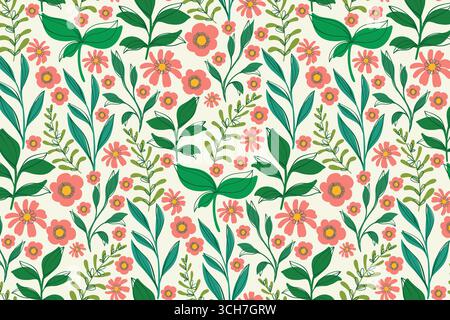 Motivo floreale senza cuciture Cottage Core con piccoli fiori a doodle, foglie e rami su sfondo bianco. Vivace sfondo botanico per i tessuti Illustrazione Vettoriale
