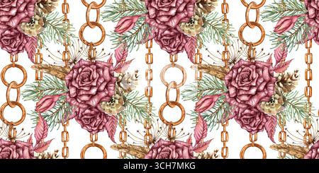 Rose di Borgogna, rami di abete, coni, rami secchi, fiori secchi, illustrazione ad acquerello con motivo senza cuciture per foglie e catene. Isolato, adatto per C Foto Stock