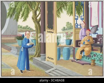 Ricevimento Qing Dynasty Courtyard con Messenger, album di esportazione Canton Foto Stock