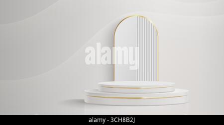 Podio circolare bianco con bordi dorati e sfondo ad arco su parete minimalista grigia - elegante piattaforma espositiva per cosmetici di lusso o prodotti di alta qualità. Design geometrico moderno del palcoscenico. Illustrazione Vettoriale