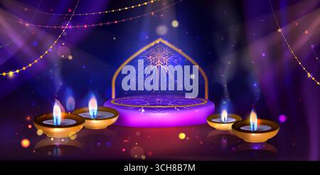 Sfondo Happy Diwali con lanterna luminosa e podio festoso per festeggiare. Tradizionale festival indiano con luci decorative e candele per saluti o vetrine natalizie. Illustrazione Vettoriale