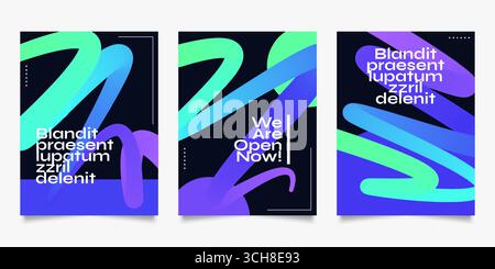 Set di design a poster moderno e semplice, con linee ondulate sfumate verdi, blu e viola. Design astratto per copertina, opuscoli, brochure, banner e poster Illustrazione Vettoriale