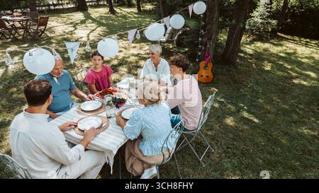 Vista aerea dei nonni, dei genitori e dei bambini che mangiano insieme all'esterno. Foto Stock