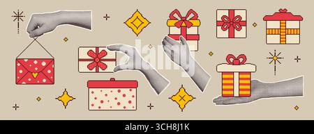 Mani femminili mezzitoni che reggono collage di scatole regalo pixel a 8 bit. Elementi di vendita rétro per le vacanze. Buon compleanno, anniversario e festa parte di Natale Illustrazione Vettoriale
