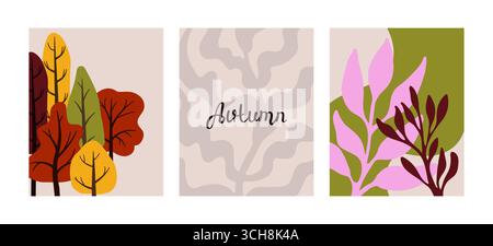 Set di tre striscioni autunnali con alberi colorati, foglie e forme astratte, che creano un'atmosfera calda e invitante per i disegni a tema autunnale e. Illustrazione Vettoriale