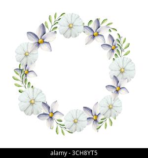 Fiori primaverili e rami con foglie, ghirlanda di farfalle, telaio. Logo acquerello con gerbera, camomilla, echinacea. Arte di fiori selvatici disegnata a mano Foto Stock