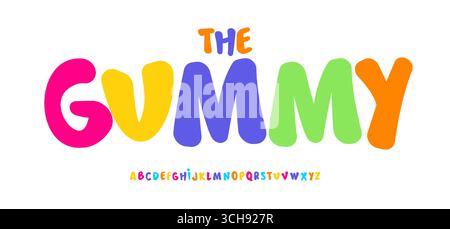 Alfabeto carino, lettere morbide e arrotondate, carattere gommoso colorato per il logo di compleanno, titolo del segno prescolare, dolce design tipografico, cartoni animati moderni Illustrazione Vettoriale