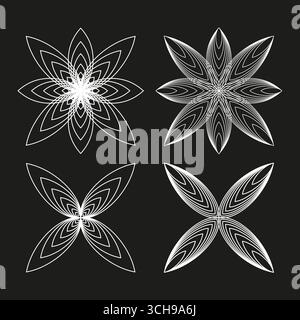 Forme floreali astratte. Art. Linea simmetrica. Set di ornamenti geometrici. Illustrazione monocromatica vettoriale. EPS 10. Illustrazione Vettoriale