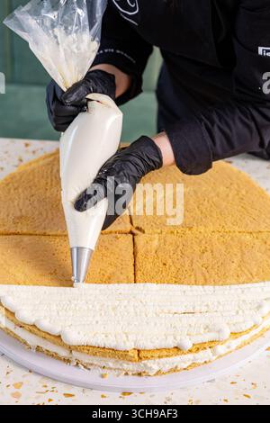 Primo piano della panna sui livelli di torta Foto Stock