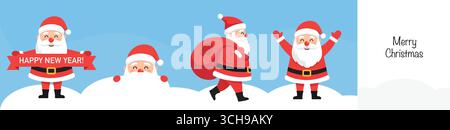 Set di biglietti di auguri natalizi, Capodanno e invernali con simpatiche e divertenti clausole di Babbo Natale. Illustrazione vettoriale del poster di Natale in stile cartoni animati piatto Illustrazione Vettoriale