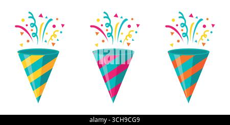 Set di coriandoli da festa, logo dei fuochi d'artificio, cappello, design piatto. Illustrazione vettoriale isolata su sfondo bianco Illustrazione Vettoriale