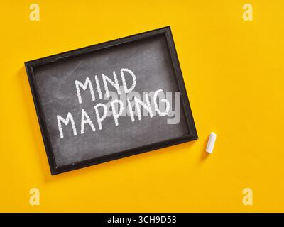 Lavagna con iscrizione Mind mapping e pezzo di gesso su sfondo giallo che rappresenta il brainstorming e il processo creativo di pensiero Foto Stock