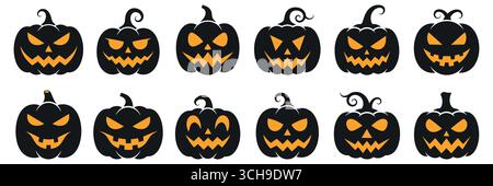Set di silhouette nere di zucche per Halloween, su sfondo bianco. Illustrazione Vettoriale