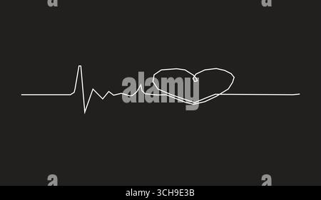 Disegno continuo su una linea dell'impulso del battito cardiaco su sfondo nero. semplice illustrazione vettoriale grafica linea impulso heartbeat. Illustrazione Vettoriale