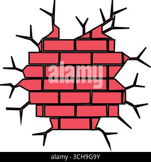 sagoma del segmento della parete in mattoni con incrinature. su sfondo bianco. Illustrazione Vettoriale