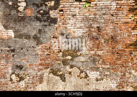 Una vista ravvicinata di un muro in mattoni deteriorato con Malta esposta, intonaco spellato e macchie di muschio e muffa dalla storica città imperiale di Hu Foto Stock