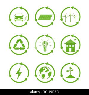 Icone Eco verdi impostate. Set di icone ecologiche. Set di icone energia verde. Illustrazione vettoriale. Illustrazione Vettoriale