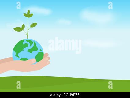 Salvare la Terra. Salva Globe. Salva il mondo Salva il pianeta. Mondo verde. Eco-compatibile ed energia ecologica. Illustrazione Vettoriale