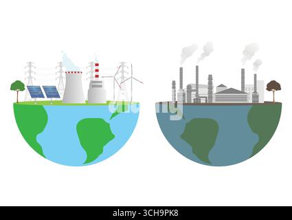 Energia verde. Energia pulita alternativa. Fonti energetiche rinnovabili. Concetto ecologico. E Air Pollution and Factory. Illustrazione vettoriale. Illustrazione Vettoriale